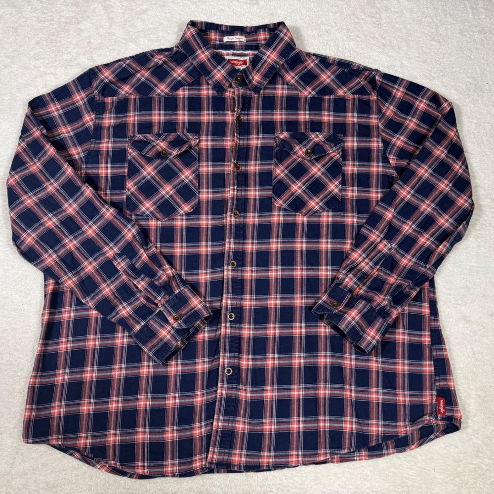 Wrangler Plaid Button Down Mens 3XL Navy Orange Excellent Flex Comfort JSP1WWB